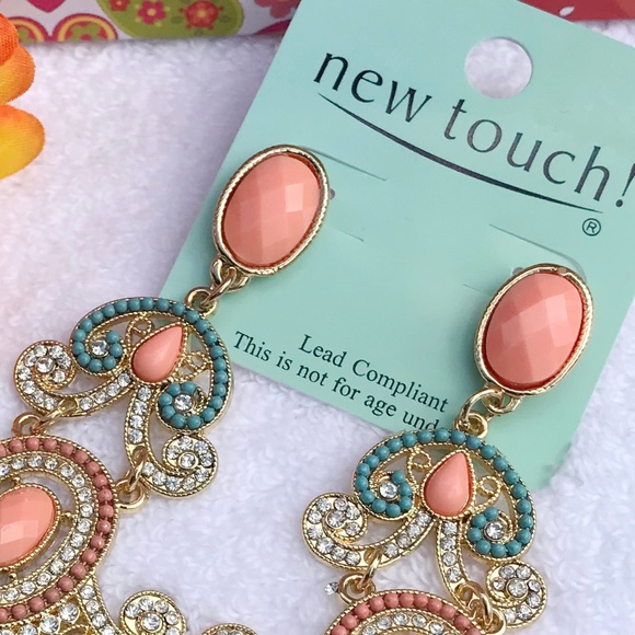 Boho Ethnic Earrings Rhinestone Dangles Goldtone - Picture 2 of 5